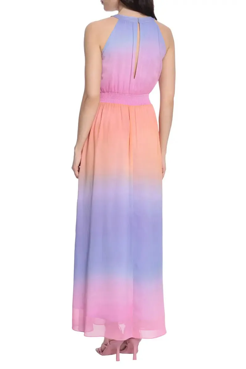 Donna Morgan Halter Neck Sleeveless Back Zipper Long Chiffon Maxi Dress