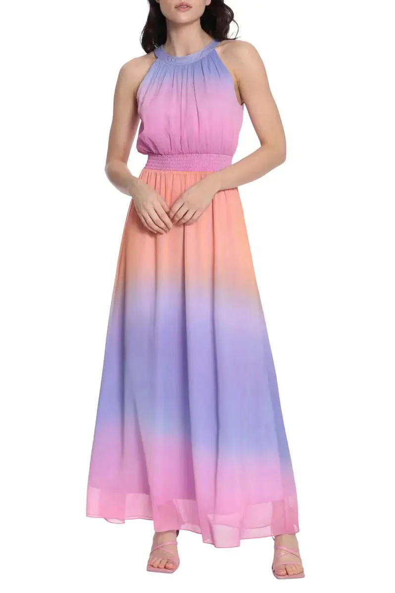 Donna Morgan Halter Neck Sleeveless Back Zipper Long Chiffon Maxi Dress