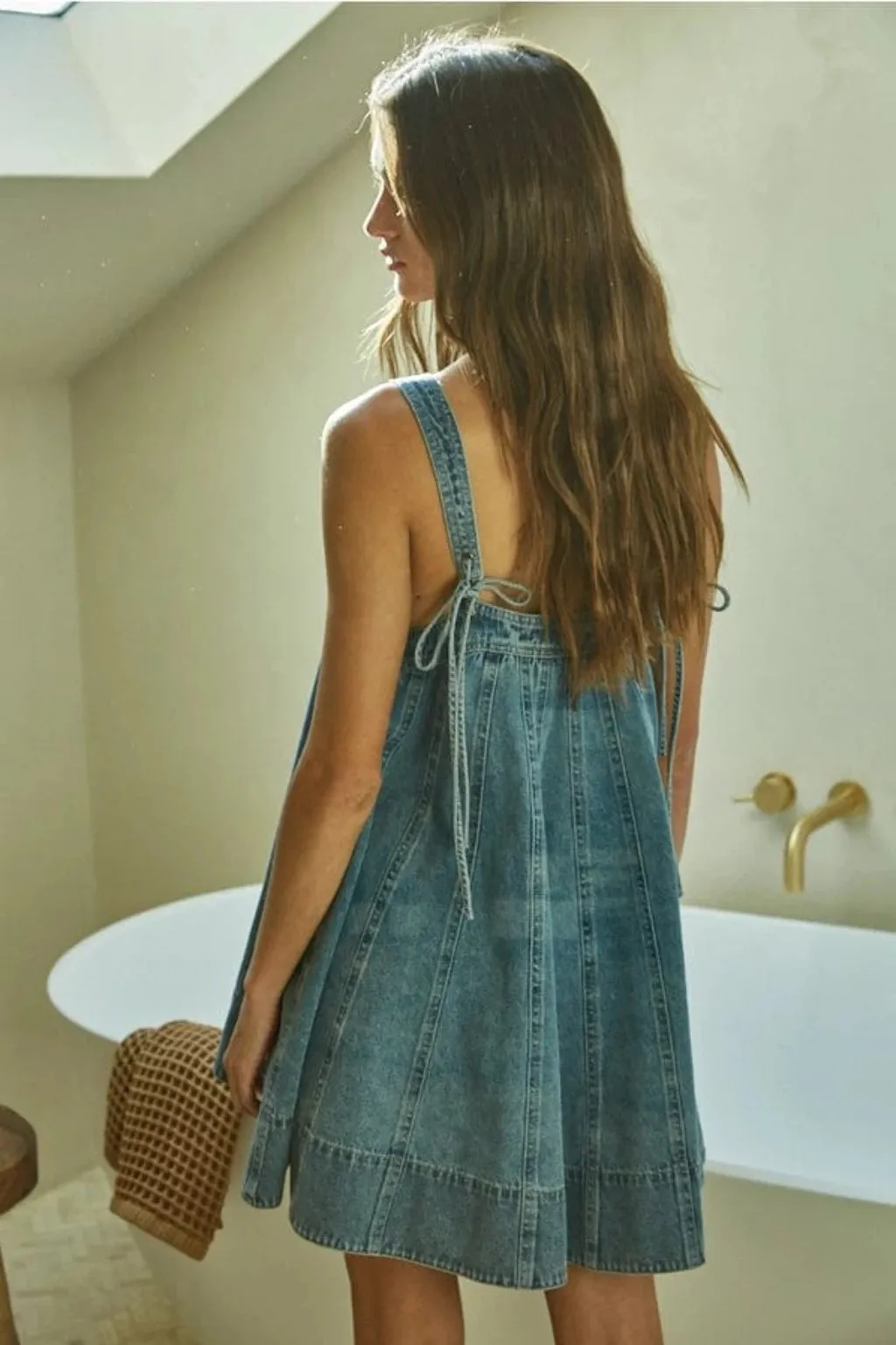 Drop Off Tie Strap Denim Mini Dress