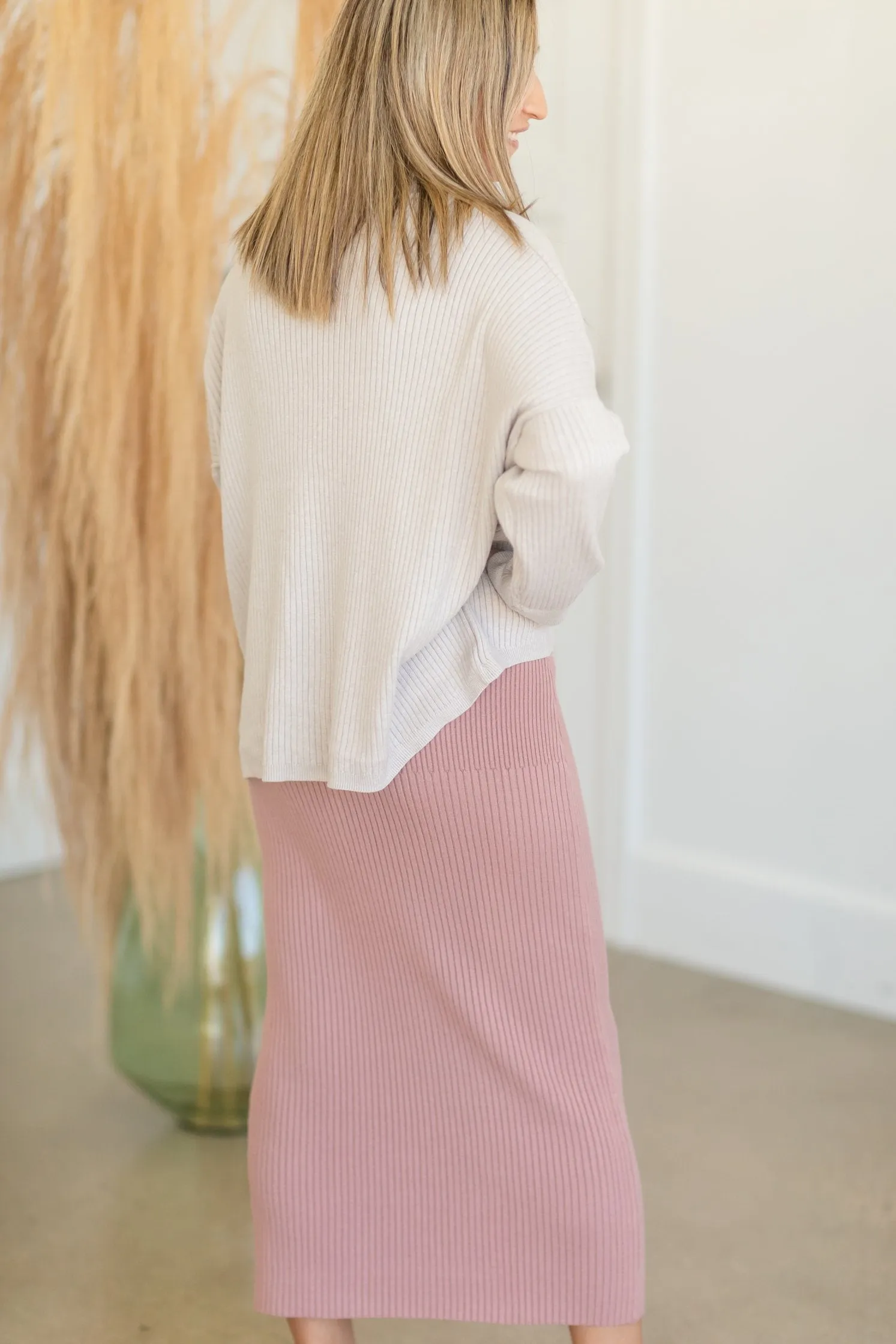 Dusty Rose Ribbed Sweater Midi Skirt - FINAL SALE