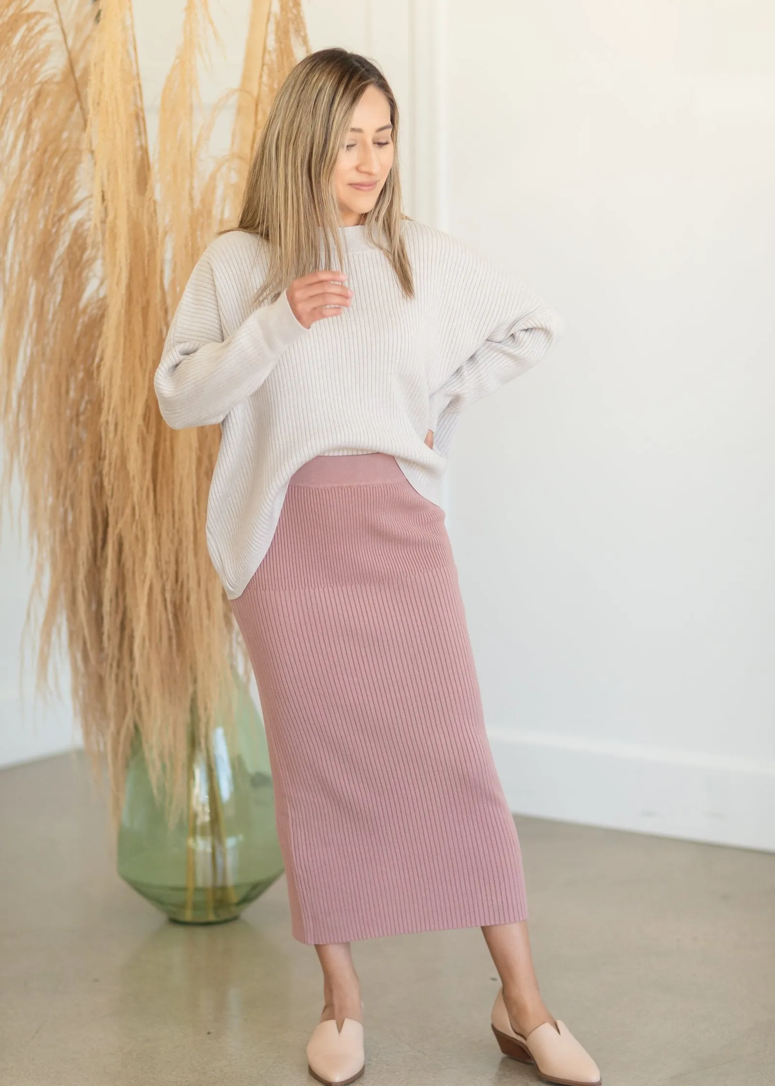 Dusty Rose Ribbed Sweater Midi Skirt - FINAL SALE