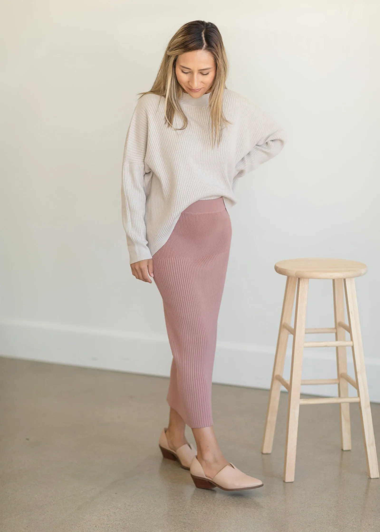 Dusty Rose Ribbed Sweater Midi Skirt - FINAL SALE