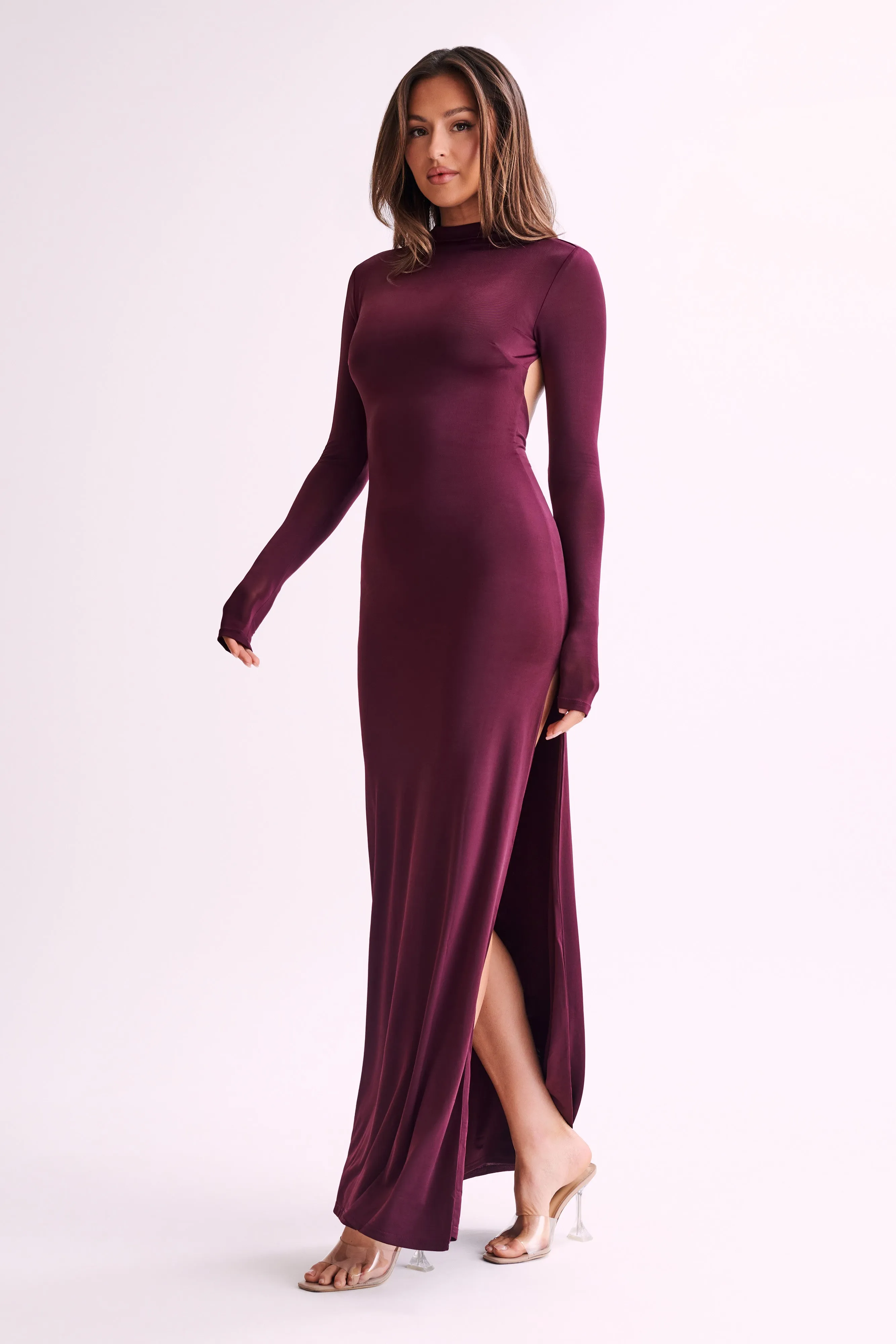 Elani Slinky High Neck Maxi Dress - Burgundy