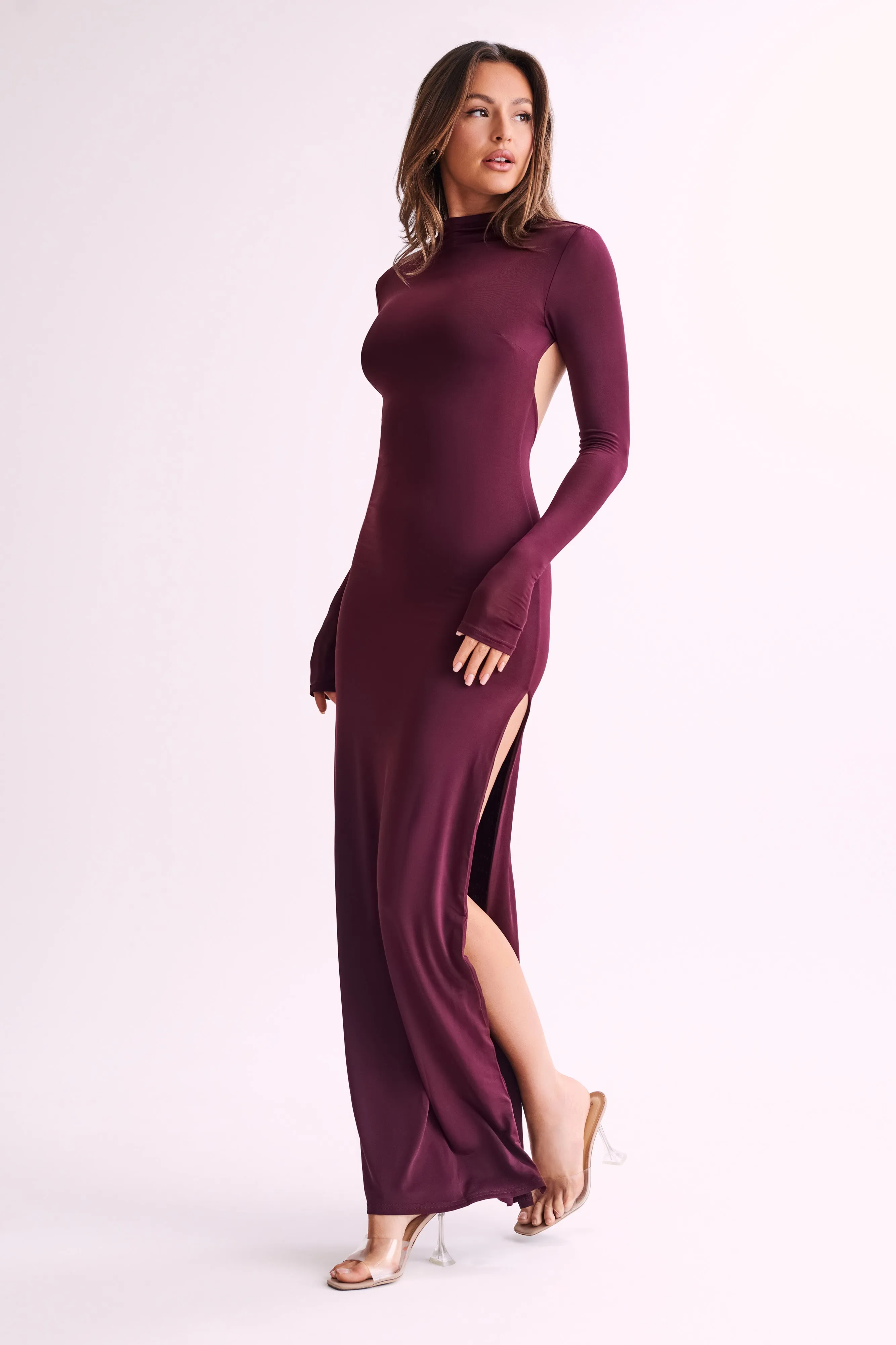 Elani Slinky High Neck Maxi Dress - Burgundy