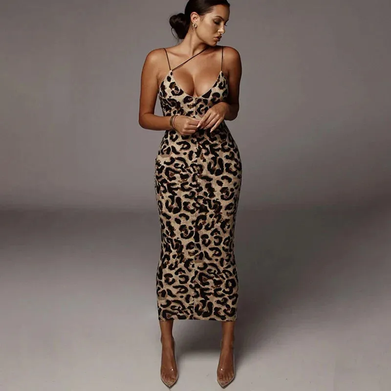 Elegant Sexy Spaghetti Strap Leopard Print V-neck Maxi Evening Party Bodycon Dress