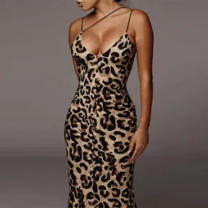 Elegant Sexy Spaghetti Strap Leopard Print V-neck Maxi Evening Party Bodycon Dress