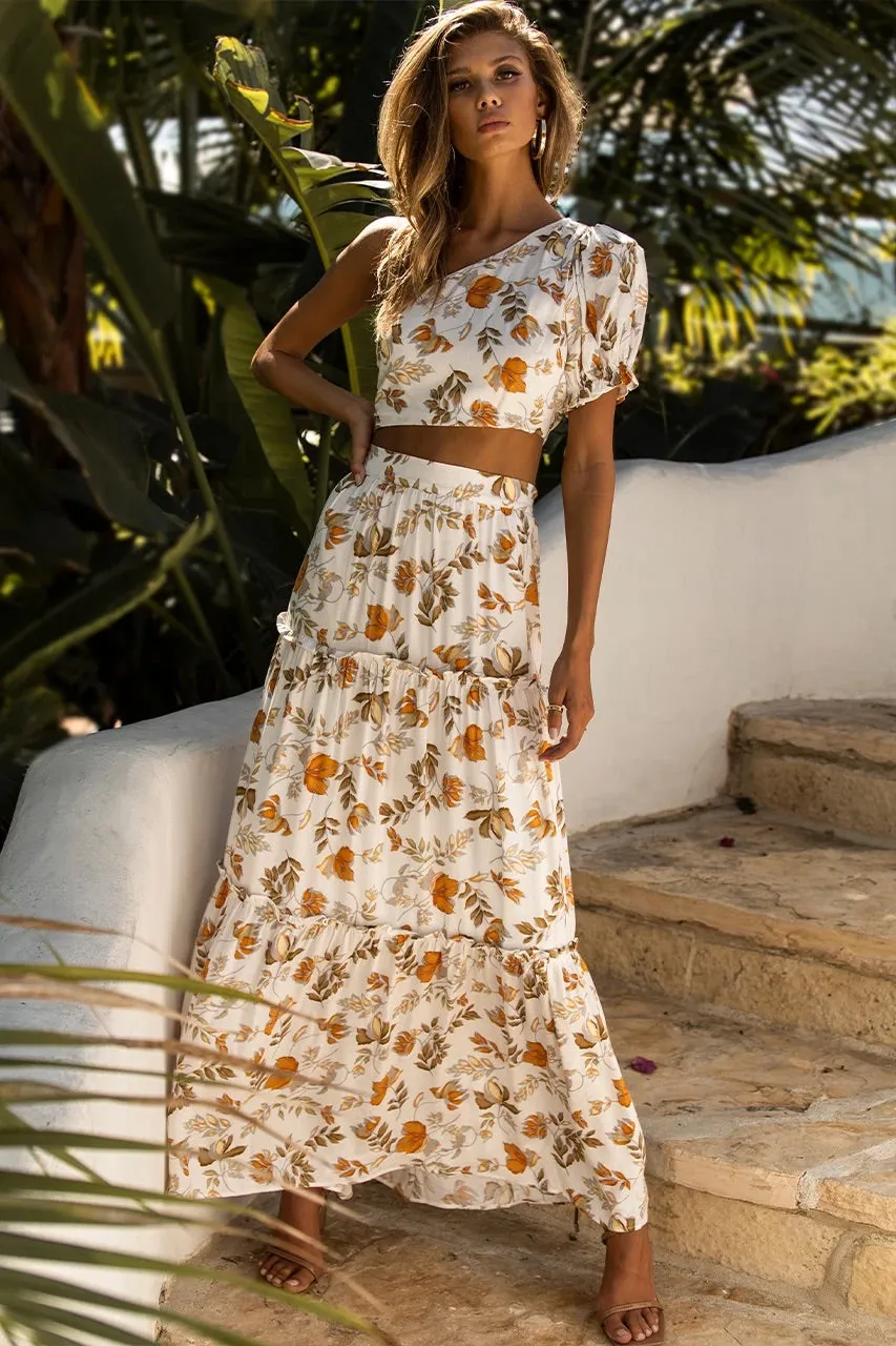 Elena white floral one shoulder crop top and maxi skirt (sold as separates)