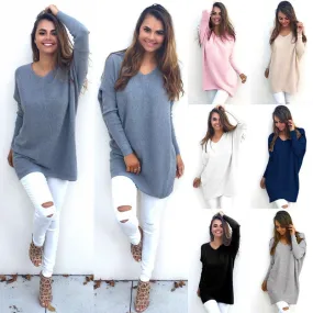 Fashion Autumn Winter Dress Womens V-Neck Loose Knitted Oversized Baggy Sweater Jumper Tops Dress Outwear Plus Size S-XL Vestidos