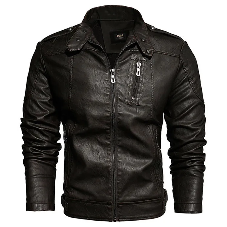 Fashion Motorcycle Stand Collar Thicken Men's Leather Jacket