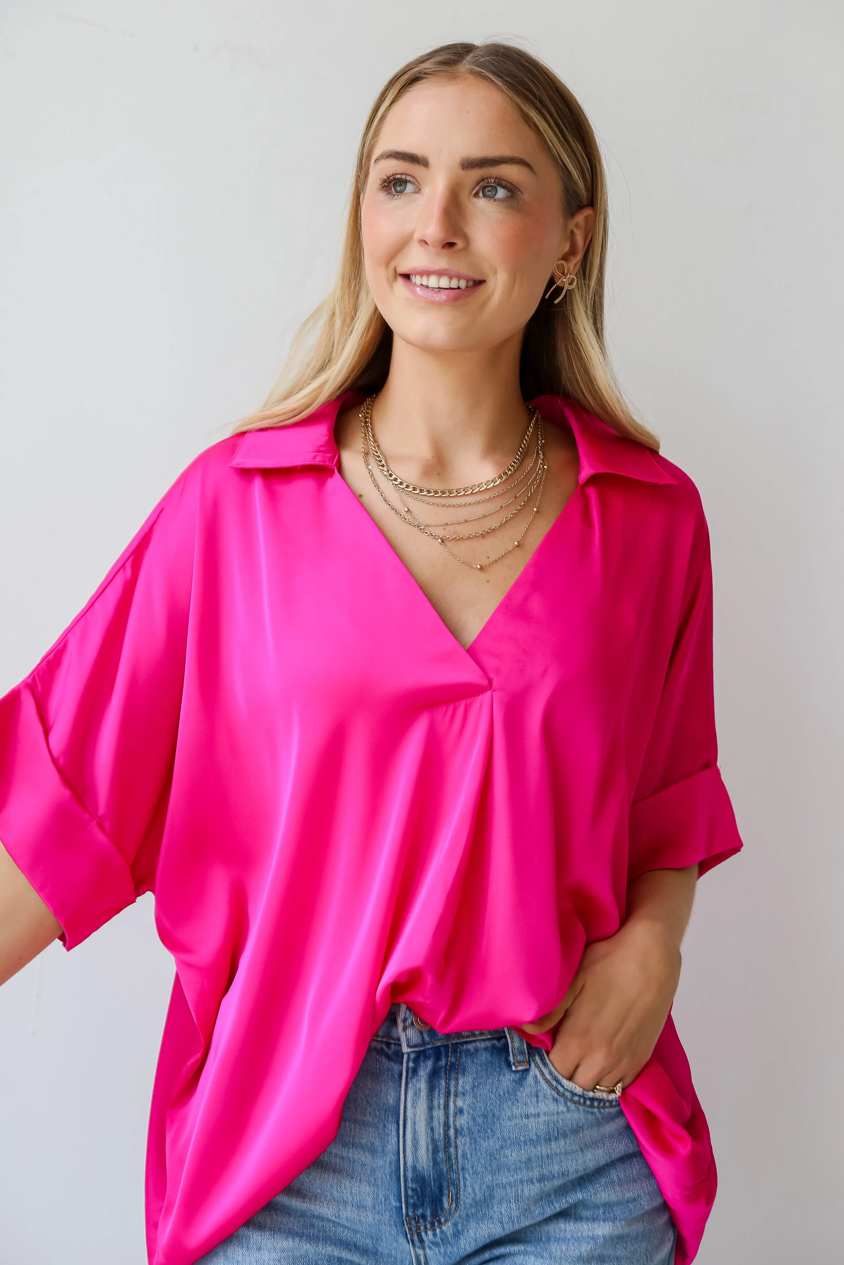 FINAL SALE - Captivating Presence Hot Pink Satin Blouse