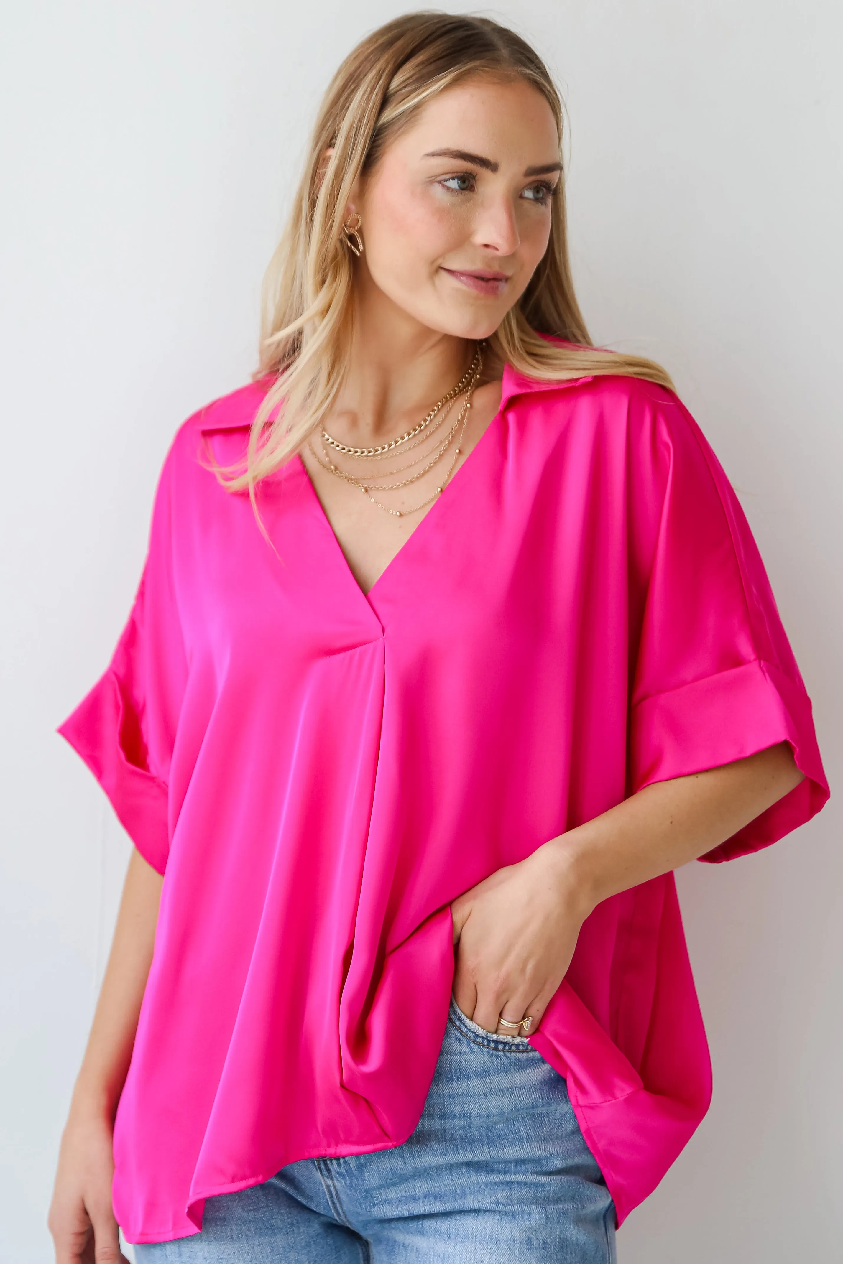 FINAL SALE - Captivating Presence Hot Pink Satin Blouse