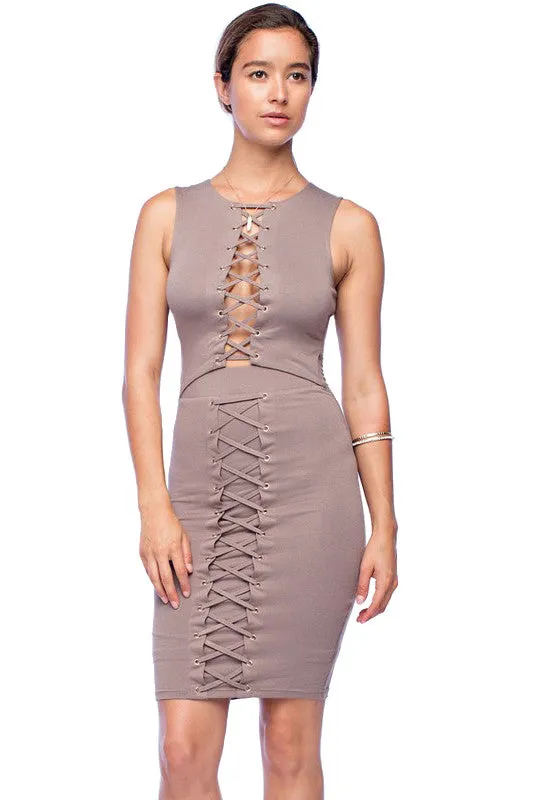 FINAL SALE-THE MYSTYLEMODE TAUPE CRISS CROSS TIE DOUBLE LINED BODYCON DRESS