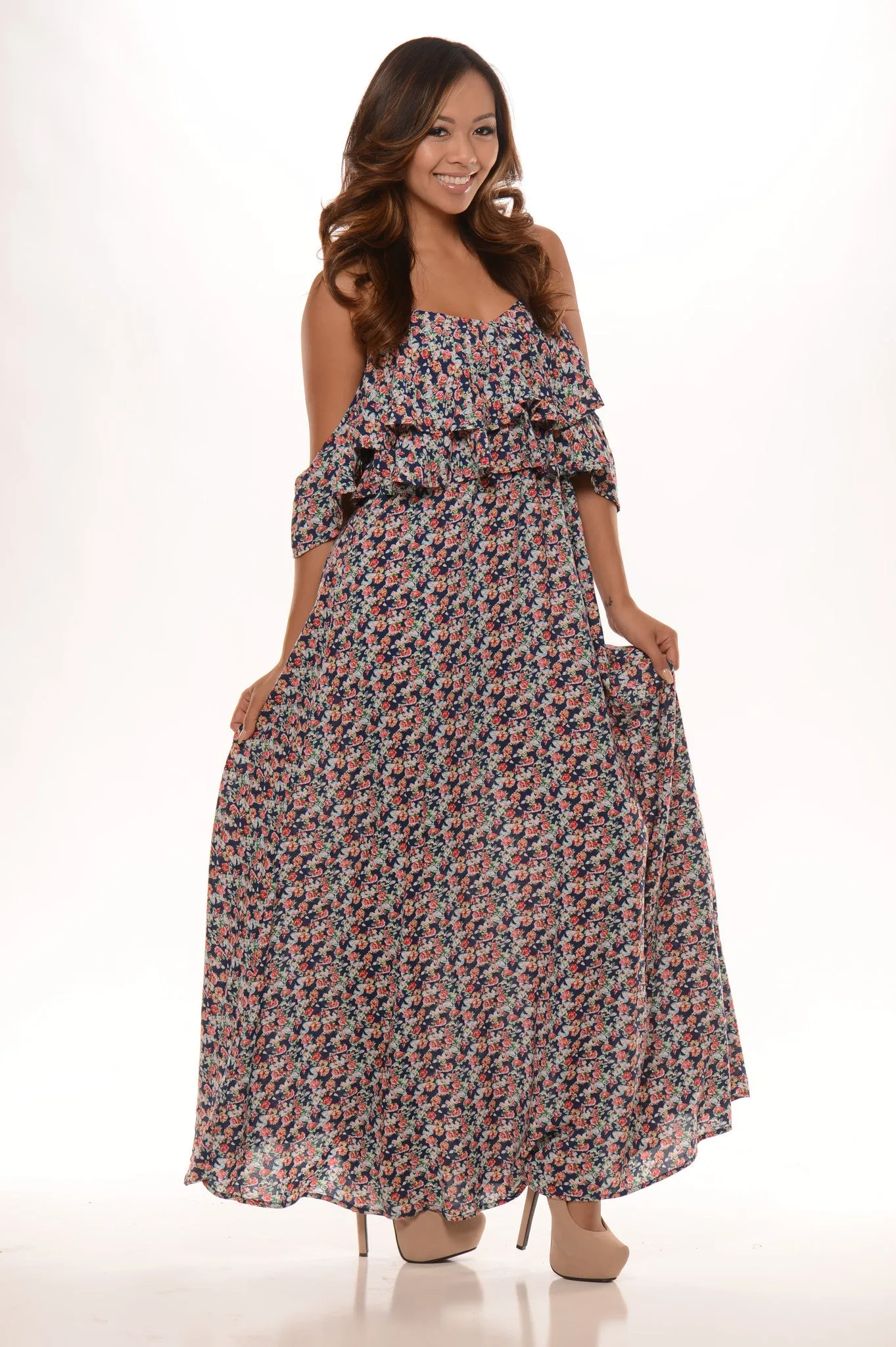 Floral Printed Off Shoulder Ruffle Maxi Dress - Navy