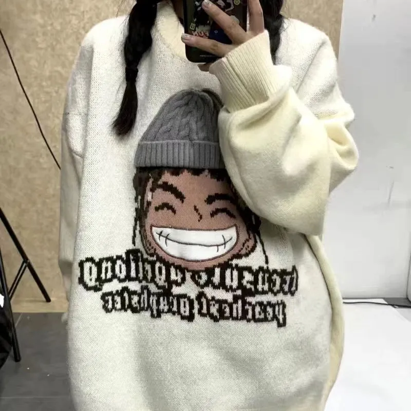 Flytonn-Crew Neck Oversized Sweater Women Winter New American Fashion Character Embroidery Design Knitwear Coat Casual Goth Y2k Pullover