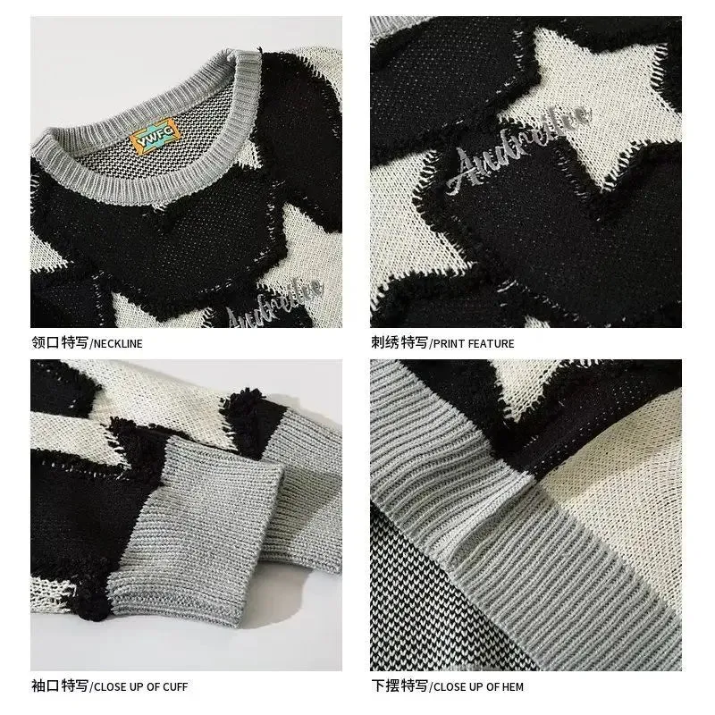 Flytonn-New American Retro Star Loose 2023 Sweater Women High Street Couples Casual Sweaters Y2k Oversized High Quality Women Pullover