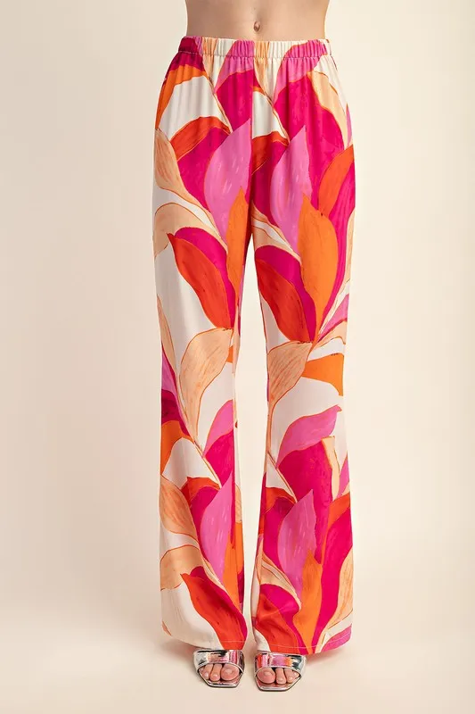 Fuchsia Printed Wide Leg Pants With Flared Slits