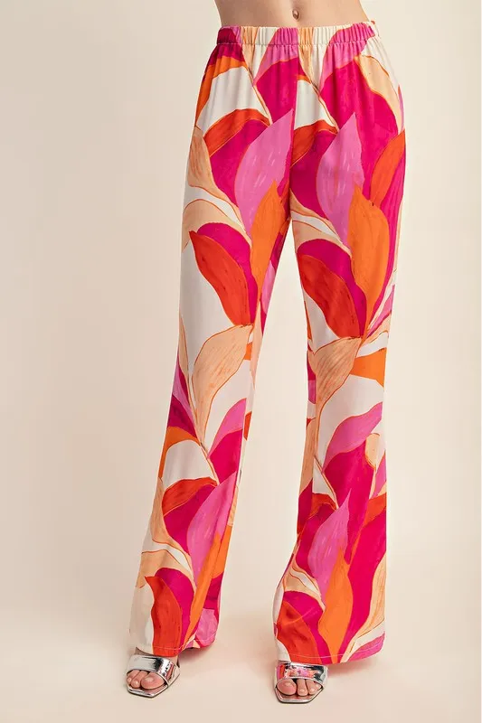 Fuchsia Printed Wide Leg Pants With Flared Slits