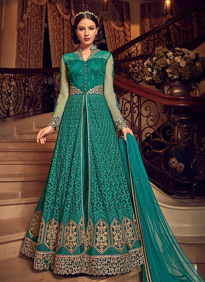 Green All Slit Style Embroidered Lehenga/Pant Suit