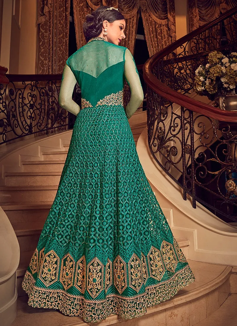 Green All Slit Style Embroidered Lehenga/Pant Suit