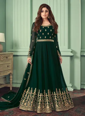 Green Golden Embroidered Flared Anarkali Suit