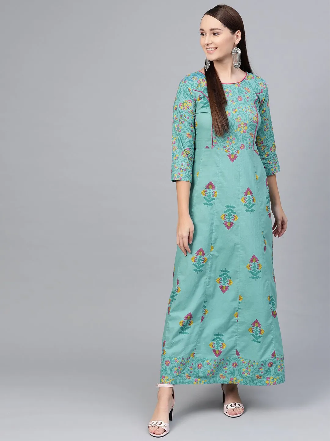 Green Multi Colored Printed Maxi Dress With Round Neck & 3/4 Sleeves