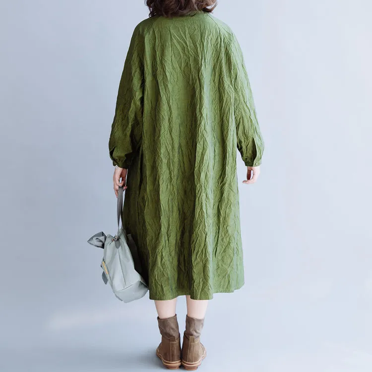 Green Pleated Cotton Loose Dress For Women