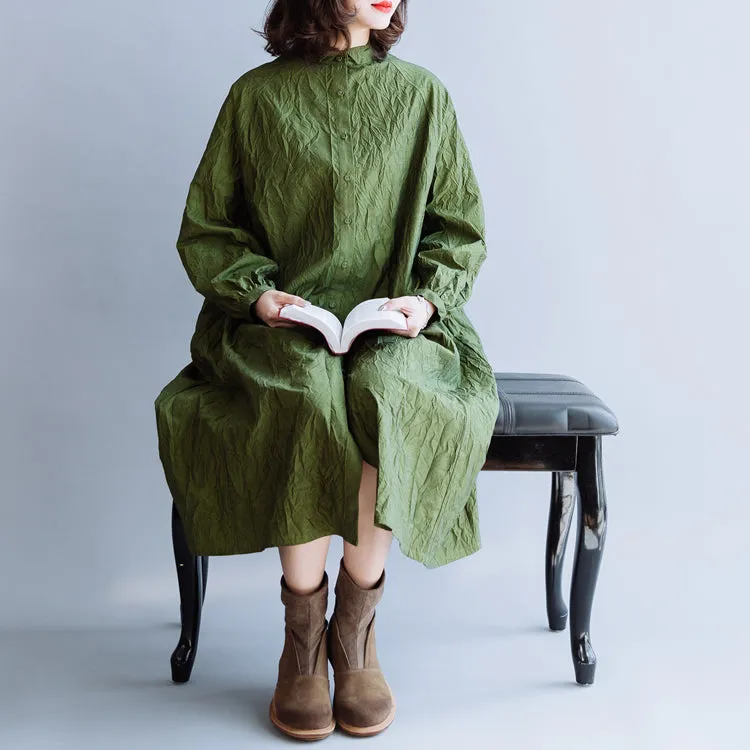 Green Pleated Cotton Loose Dress For Women