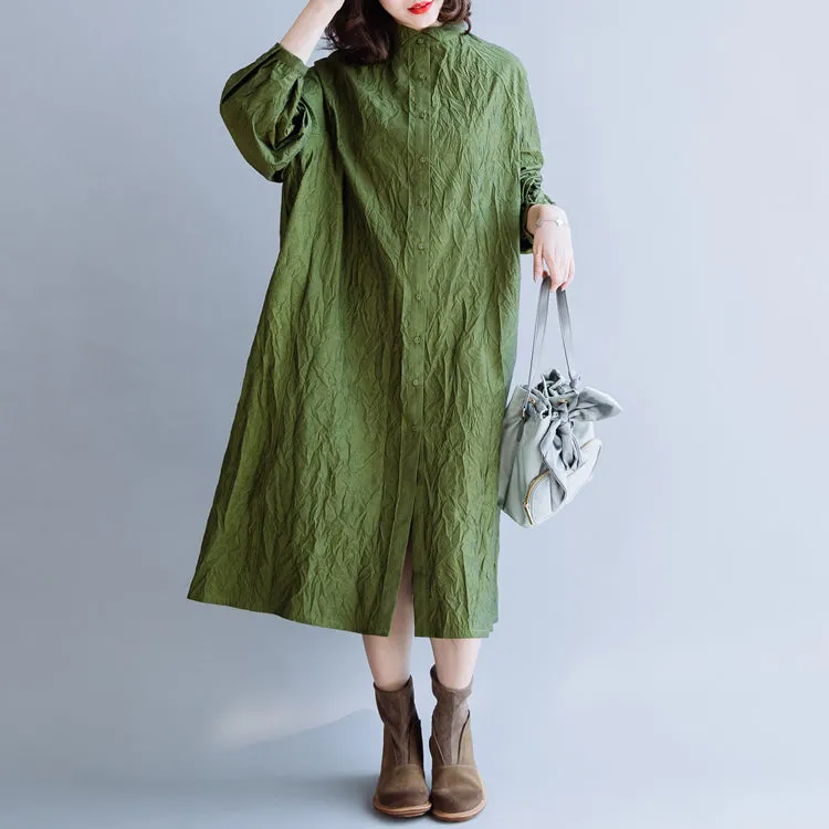 Green Pleated Cotton Loose Dress For Women