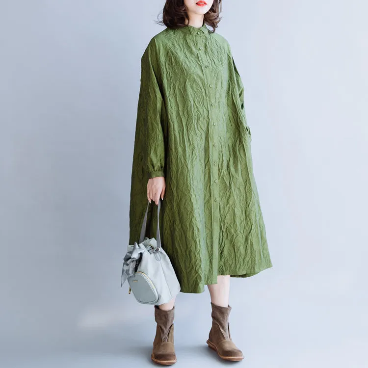 Green Pleated Cotton Loose Dress For Women