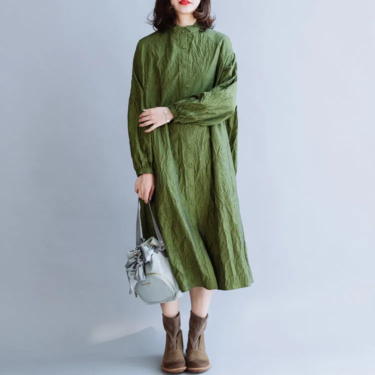 Green Pleated Cotton Loose Dress For Women