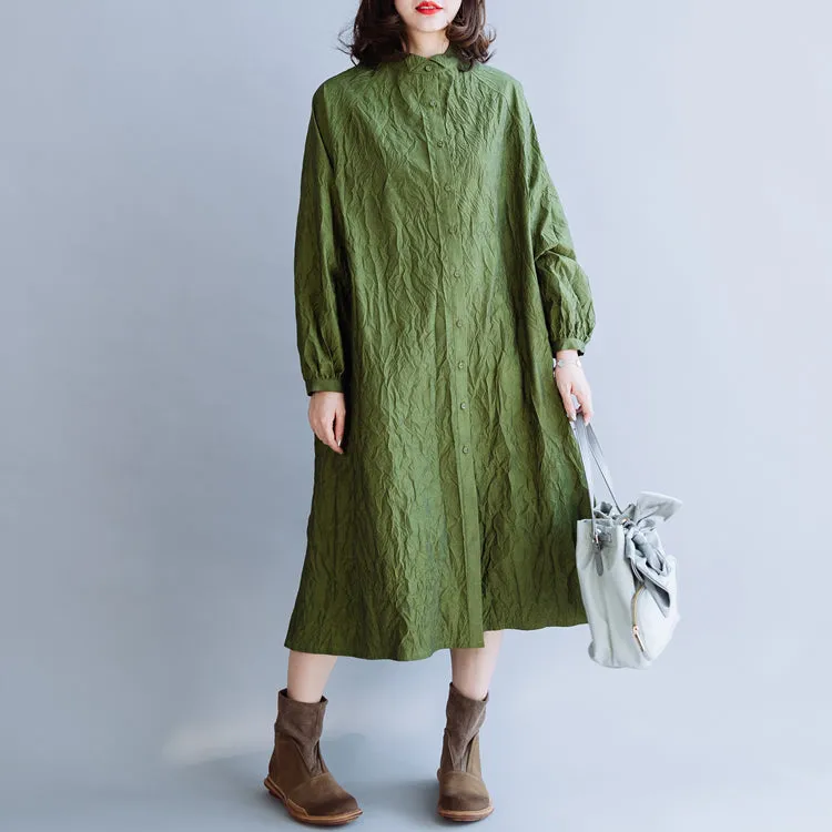 Green Pleated Cotton Loose Dress For Women