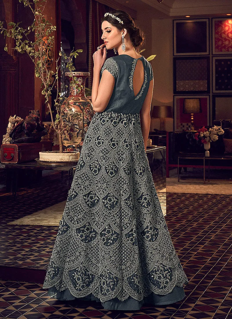 Grey Embroidered Anarkali Lehenga/Pant Suit