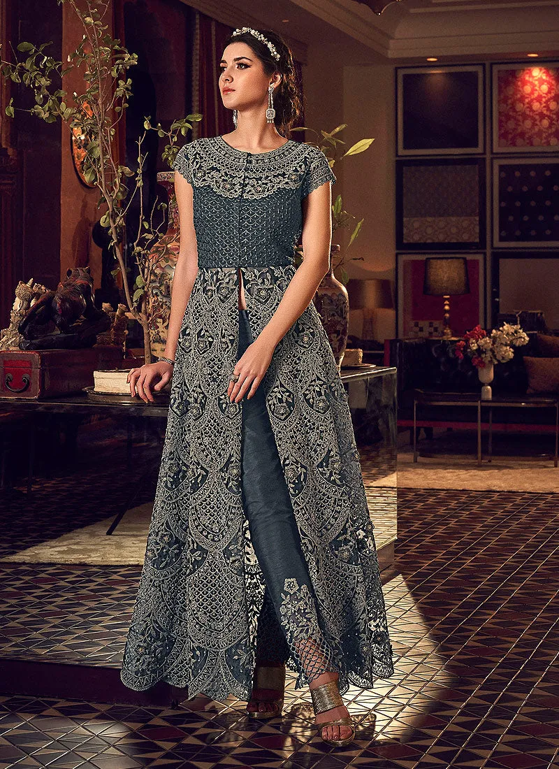 Grey Embroidered Anarkali Lehenga/Pant Suit