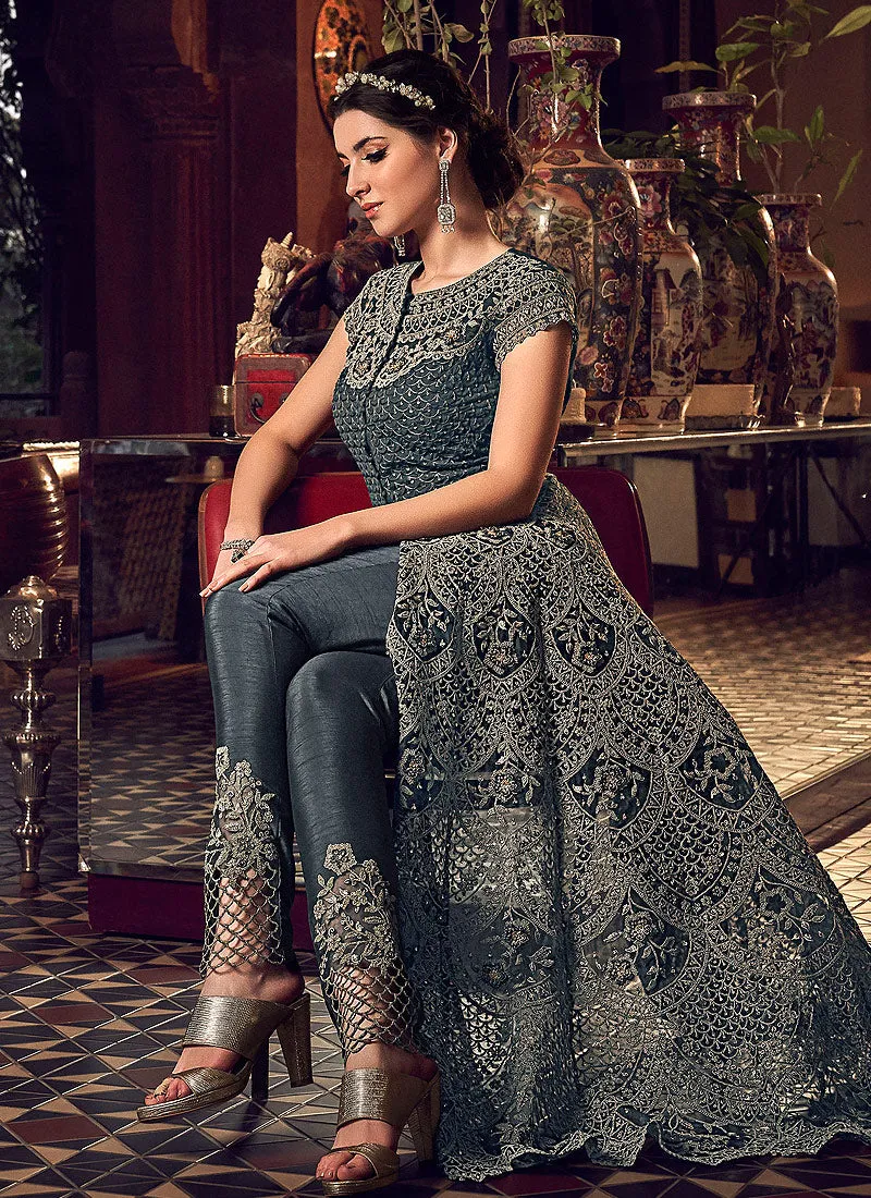 Grey Embroidered Anarkali Lehenga/Pant Suit