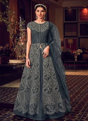 Grey Embroidered Anarkali Lehenga/Pant Suit