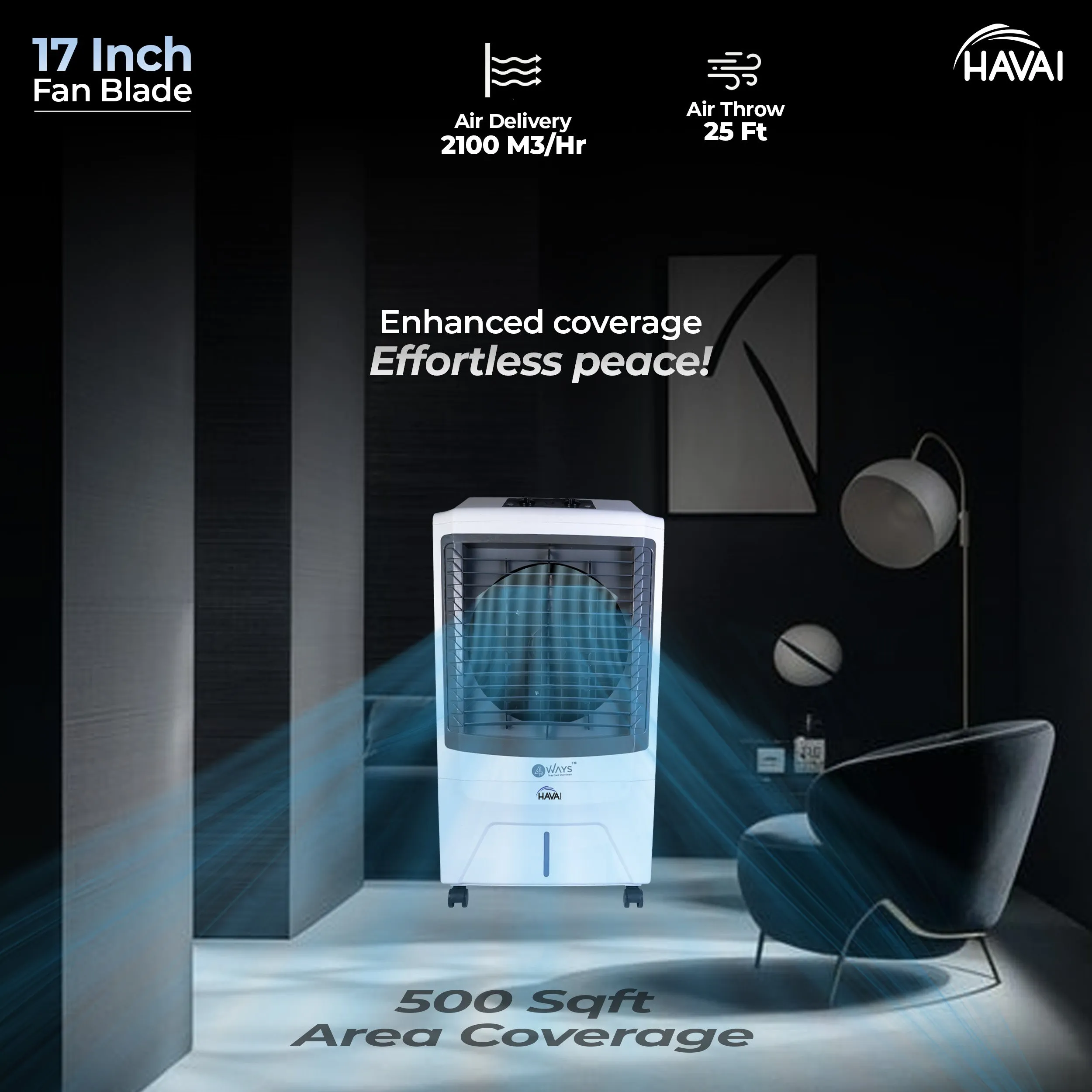 HAVAI 4 Way Plus Cooler | 17-Inch Fan Blade | High Thrust Energy | 500 Sq. Ft Area Coverage | 25-Foot Air Throw | 80 Litre Tank | Three-Side Honeycomb Pads | 1-Year Warranty | Sleek Design