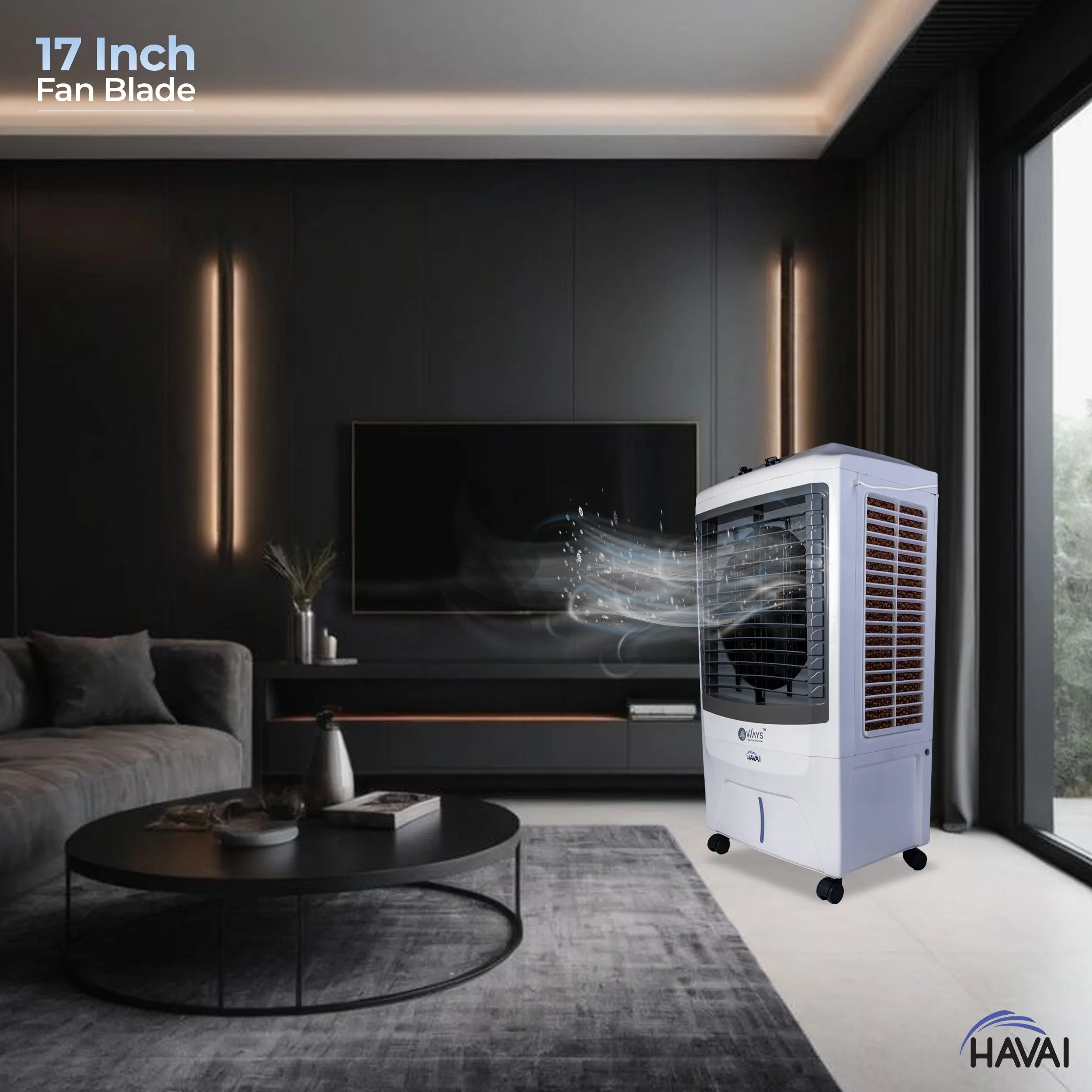 HAVAI 4 Way Plus Cooler | 17-Inch Fan Blade | High Thrust Energy | 500 Sq. Ft Area Coverage | 25-Foot Air Throw | 80 Litre Tank | Three-Side Honeycomb Pads | 1-Year Warranty | Sleek Design