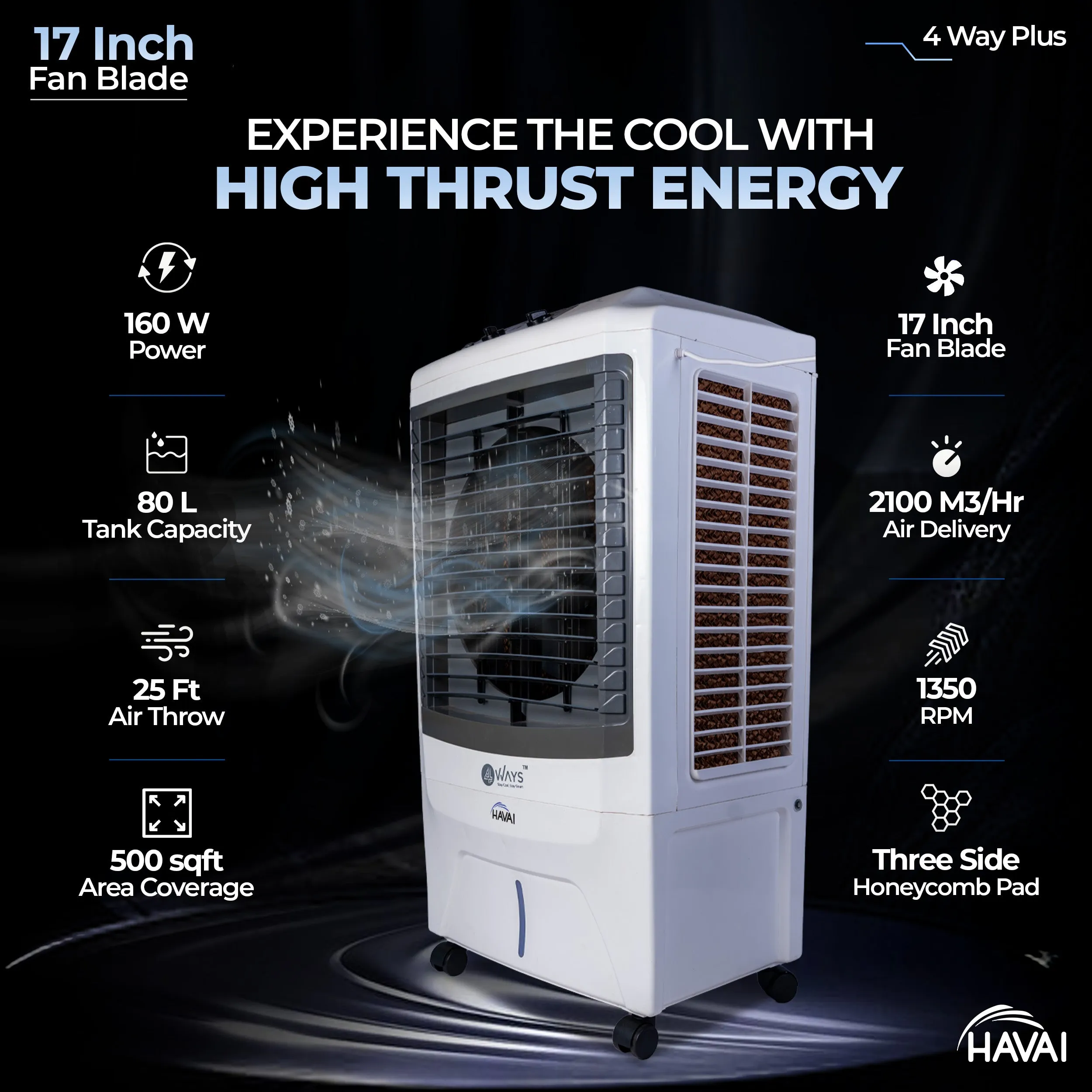 HAVAI 4 Way Plus Cooler | 17-Inch Fan Blade | High Thrust Energy | 500 Sq. Ft Area Coverage | 25-Foot Air Throw | 80 Litre Tank | Three-Side Honeycomb Pads | 1-Year Warranty | Sleek Design