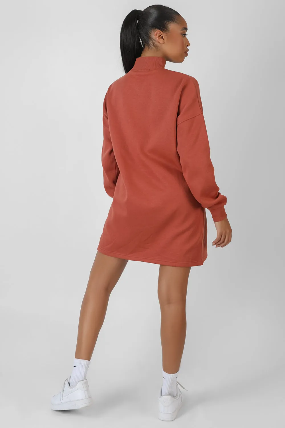 High Neck Embroidered Sweater Dress Rust