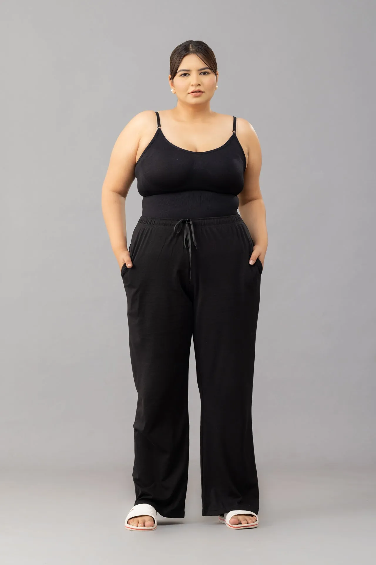 High Rise Cotton Straight Black Trackpants(Available in Plus Size)