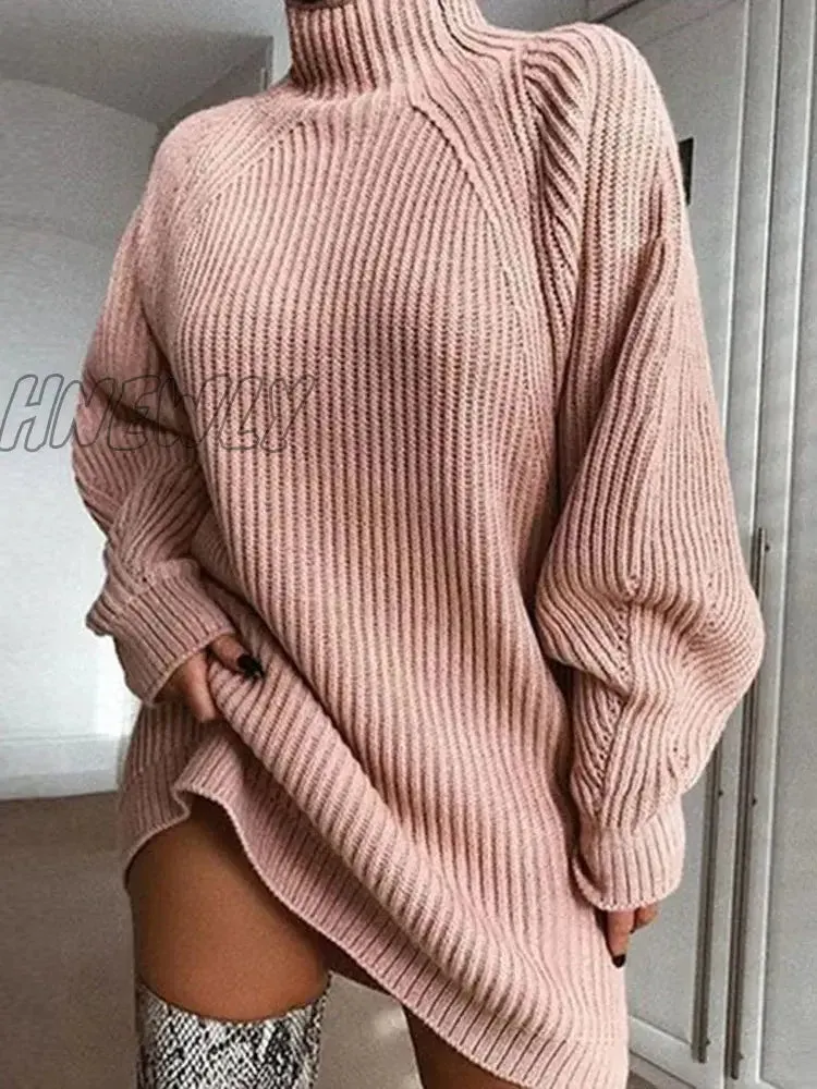 Hnewly Women Turtleneck Oversized Knitted Dress Autumn Solid Long Sleeve Casual Elegant Mini Sweater Dress Winter Pullover Clothes