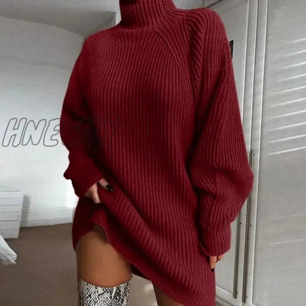 Hnewly Women Turtleneck Oversized Knitted Dress Autumn Solid Long Sleeve Casual Elegant Mini Sweater Dress Winter Pullover Clothes