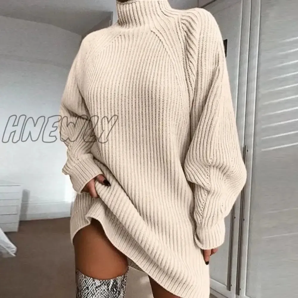 Hnewly Women Turtleneck Oversized Knitted Dress Autumn Solid Long Sleeve Casual Elegant Mini Sweater Dress Winter Pullover Clothes