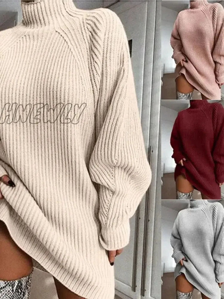 Hnewly Women Turtleneck Oversized Knitted Dress Autumn Solid Long Sleeve Casual Elegant Mini Sweater Dress Winter Pullover Clothes