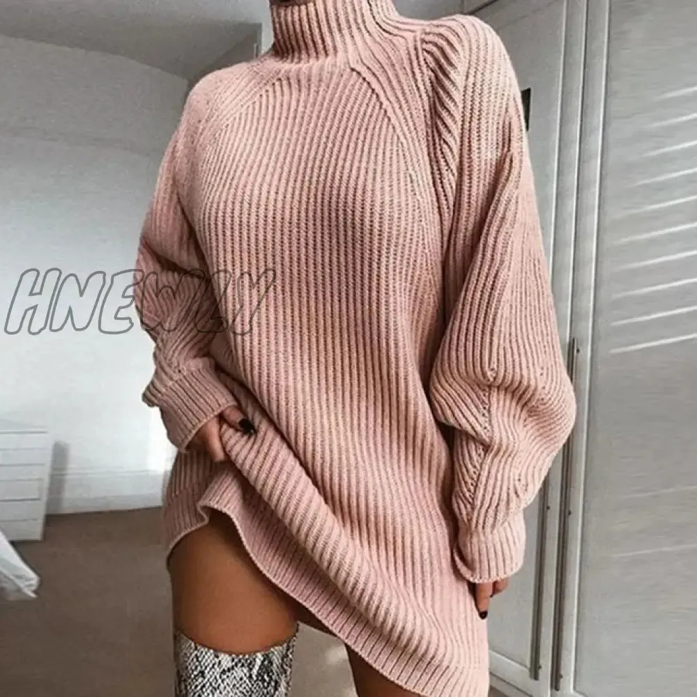 Hnewly Women Turtleneck Oversized Knitted Dress Autumn Solid Long Sleeve Casual Elegant Mini Sweater Dress Winter Pullover Clothes