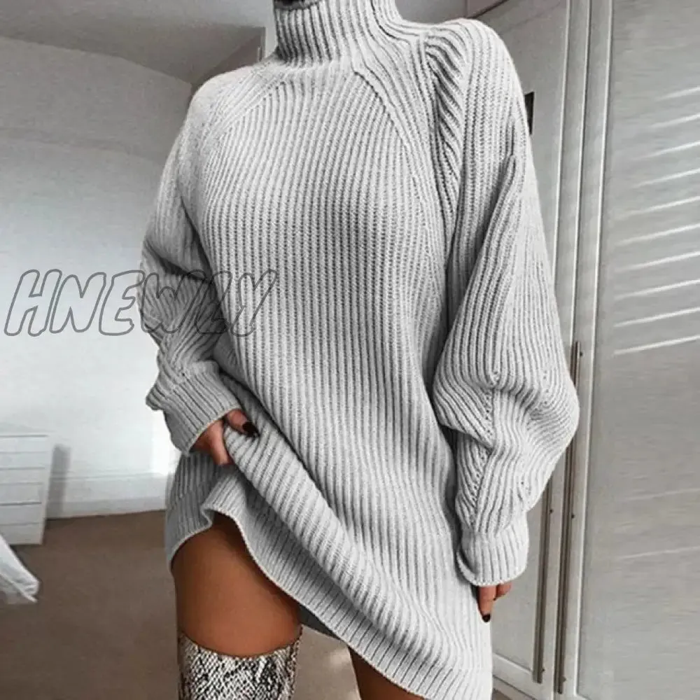 Hnewly Women Turtleneck Oversized Knitted Dress Autumn Solid Long Sleeve Casual Elegant Mini Sweater Dress Winter Pullover Clothes