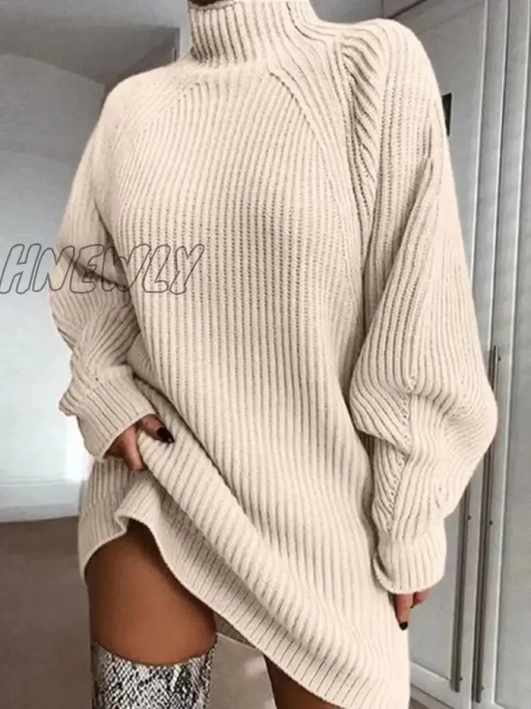 Hnewly Women Turtleneck Oversized Knitted Dress Autumn Solid Long Sleeve Casual Elegant Mini Sweater Dress Winter Pullover Clothes