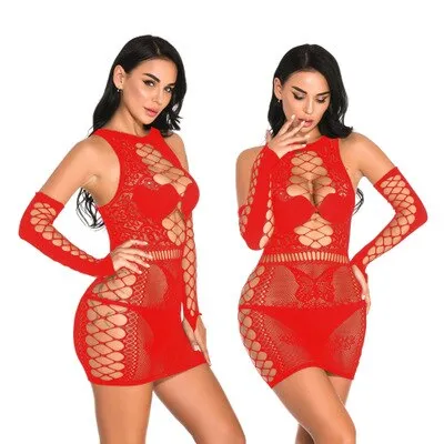 Hot Mesh Dress Set With Gloves