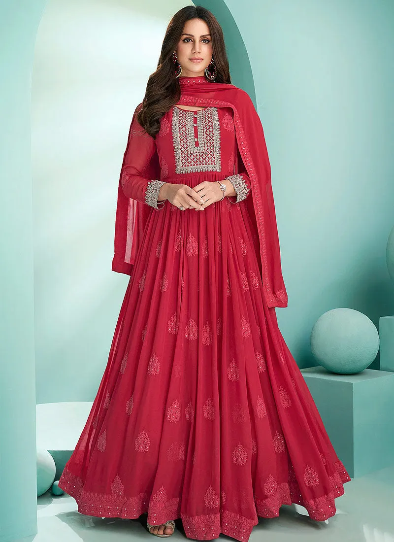 Hot Pink Lucknowi Zari Embroidered Designer Anarkali Suit