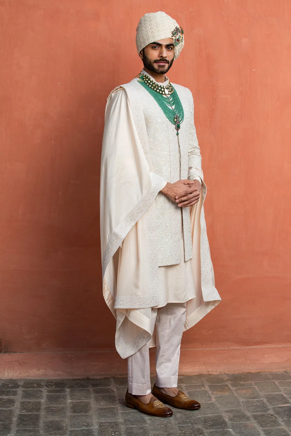 Ivory Embroidered Raw Silk Achkan with Kurta and Trouser